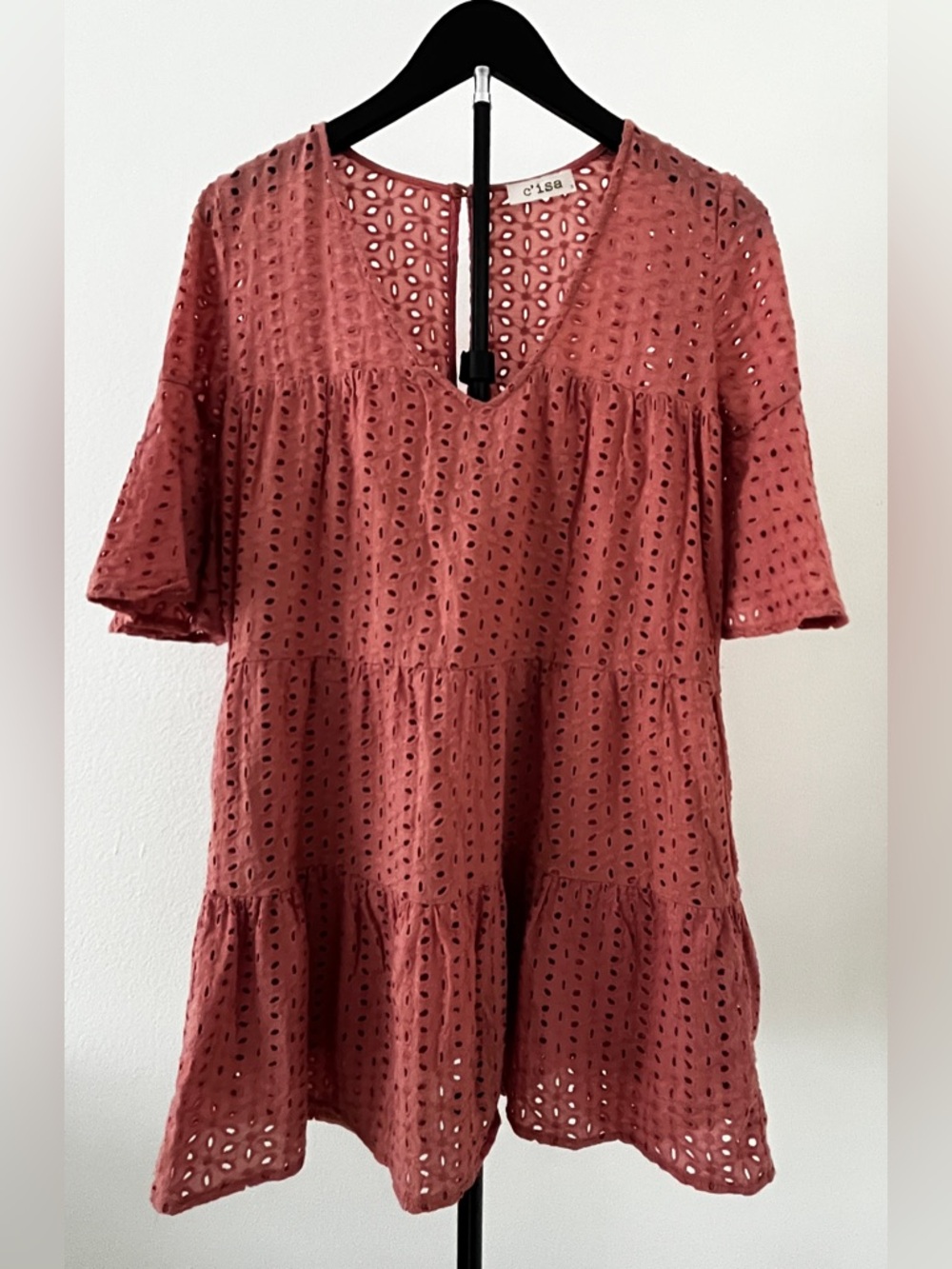🌿  C’isa Eyelet Babydoll Dress / Tunic | Boho Tiered Cotton Mini | Dusty Rose